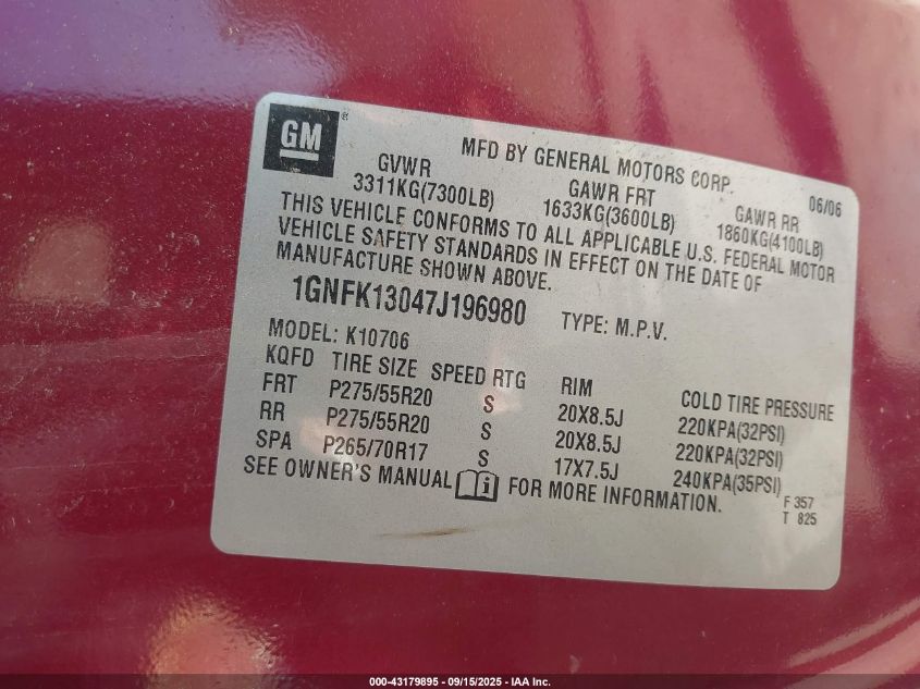 2007 Chevrolet Tahoe Lt VIN: 1GNFK13047J196980 Lot: 43179895