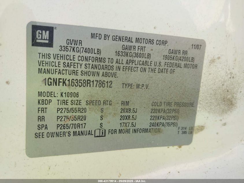 2008 Chevrolet Suburban 1500 Ltz VIN: 1GNFK16358R178612 Lot: 43179914