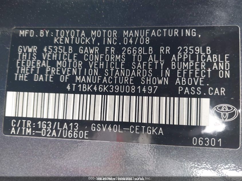 2009 Toyota Camry Xle V6 VIN: 4T1BK46K39U081497 Lot: 43179926