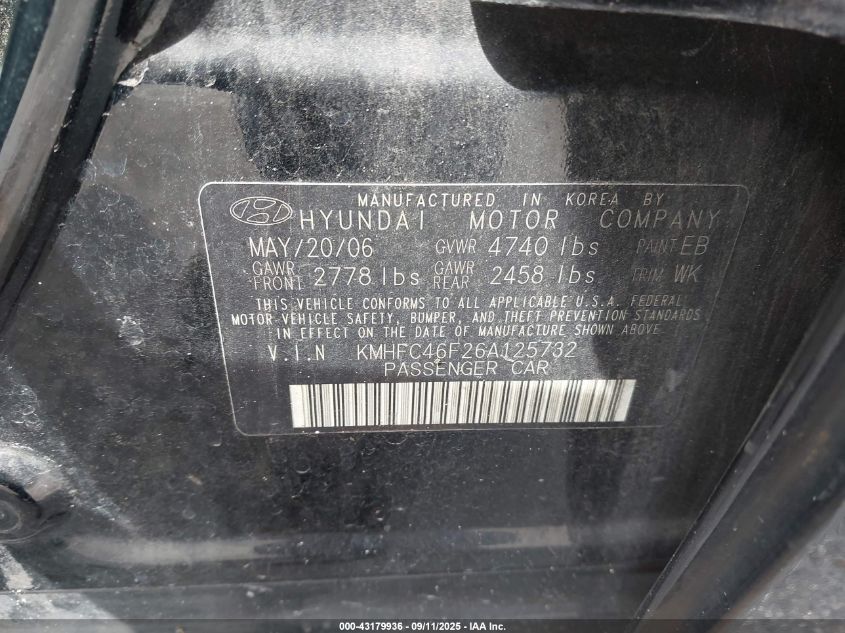2006 Hyundai Azera Limited/Se VIN: KMHFC46F26A125732 Lot: 43179936