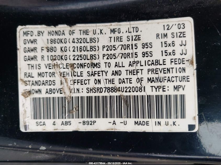 2004 Honda Cr-V Ex VIN: SHSRD78884U220081 Lot: 43179944