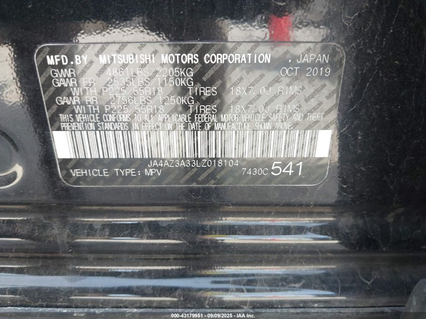 2020 Mitsubishi Outlander Sel 2.4 S-Awc VIN: JA4AZ3A33LZ018104 Lot: 43179951