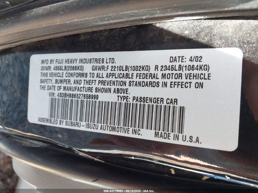 2002 Subaru Outback Limited VIN: 4S3BH686527658999 Lot: 43179963