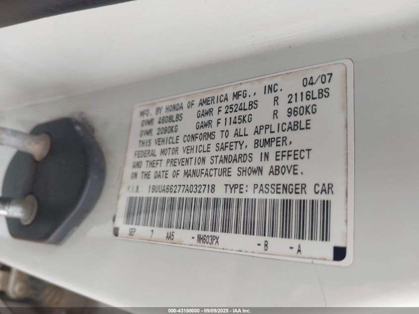 2007 Acura Tl 3.2 VIN: 19UUA66277A032718 Lot: 43180000