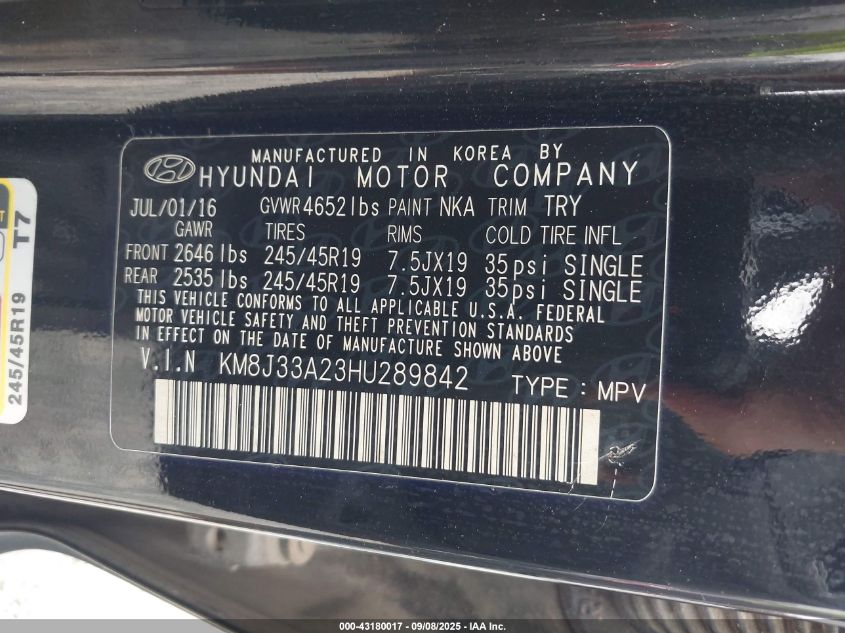 2017 Hyundai Tucson Sport VIN: KM8J33A23HU289842 Lot: 43180017