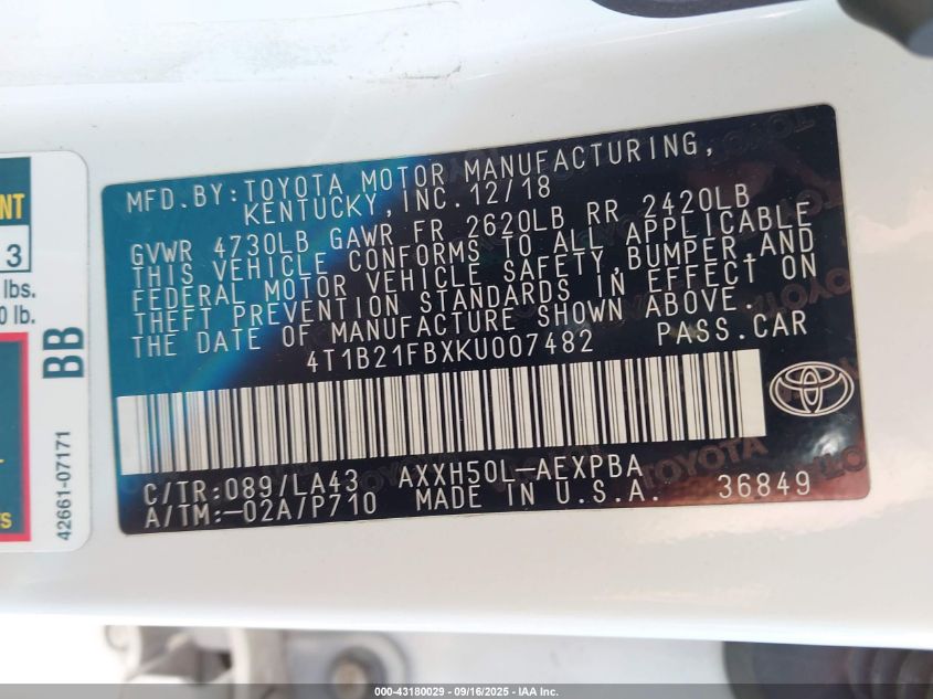 2019 Toyota Avalon Hybrid Limited VIN: 4T1B21FBXKU007482 Lot: 43180029