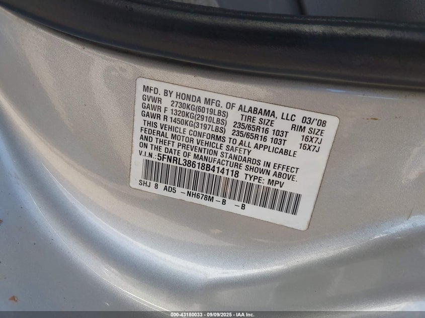 2008 Honda Odyssey Ex-L VIN: 5FNRL38618B414118 Lot: 43180033