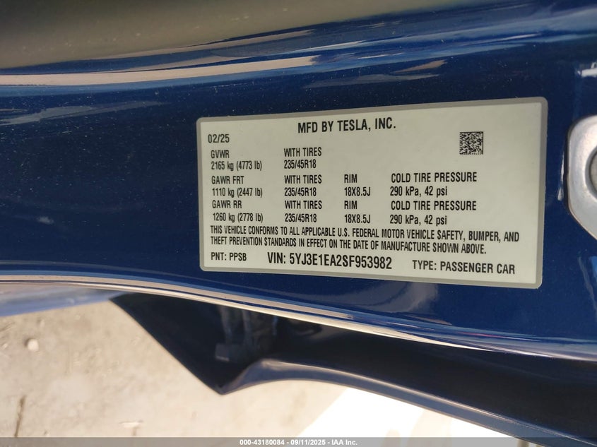 2025 Tesla Model 3 Long Range Rear-Wheel Drive VIN: 5YJ3E1EA2SF953982 Lot: 43180084