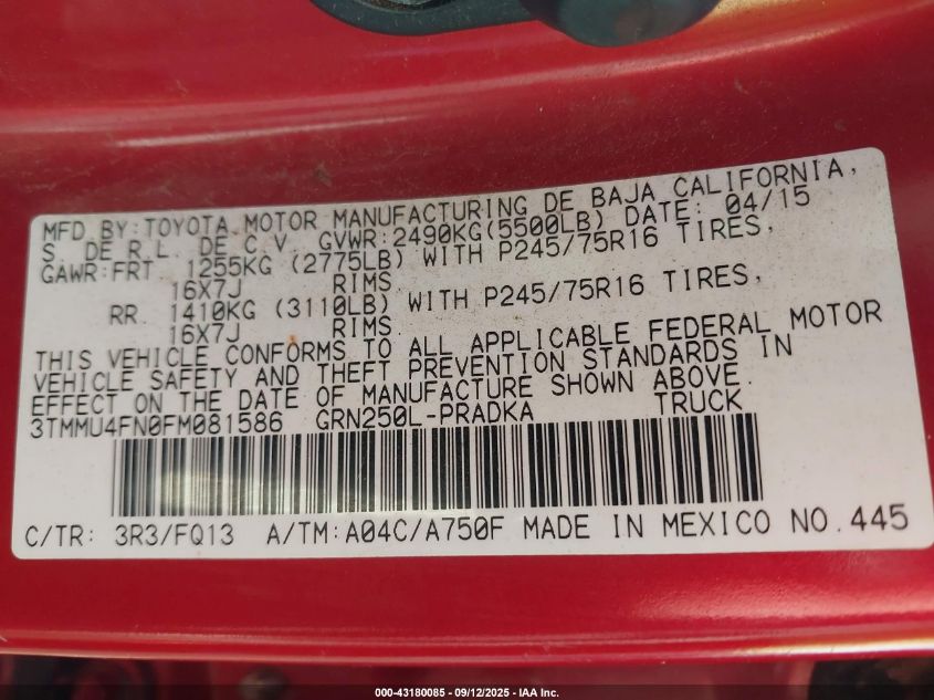 2015 Toyota Tacoma Base V6 VIN: 3TMMU4FN0FM081586 Lot: 43180085