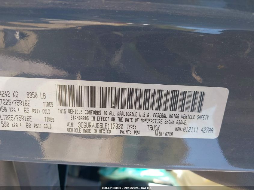 2020 Ram Promaster 3500 Cargo Van High Roof 159 Wb Ext VIN: 3C6URVJG8LE117330 Lot: 43180090