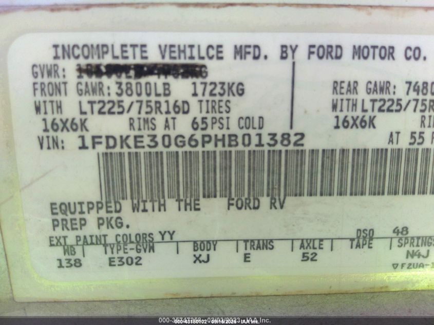 1993 Ford Econoline E350 Cutaway Van VIN: 1FDKE30G6PHB01382 Lot: 43180102