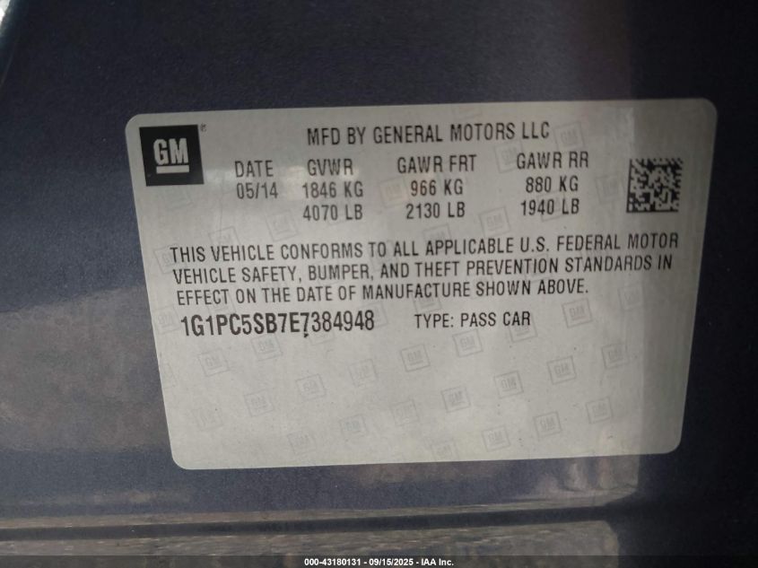2014 Chevrolet Cruze 1Lt Auto VIN: 1G1PC5SB7E7384948 Lot: 43180131