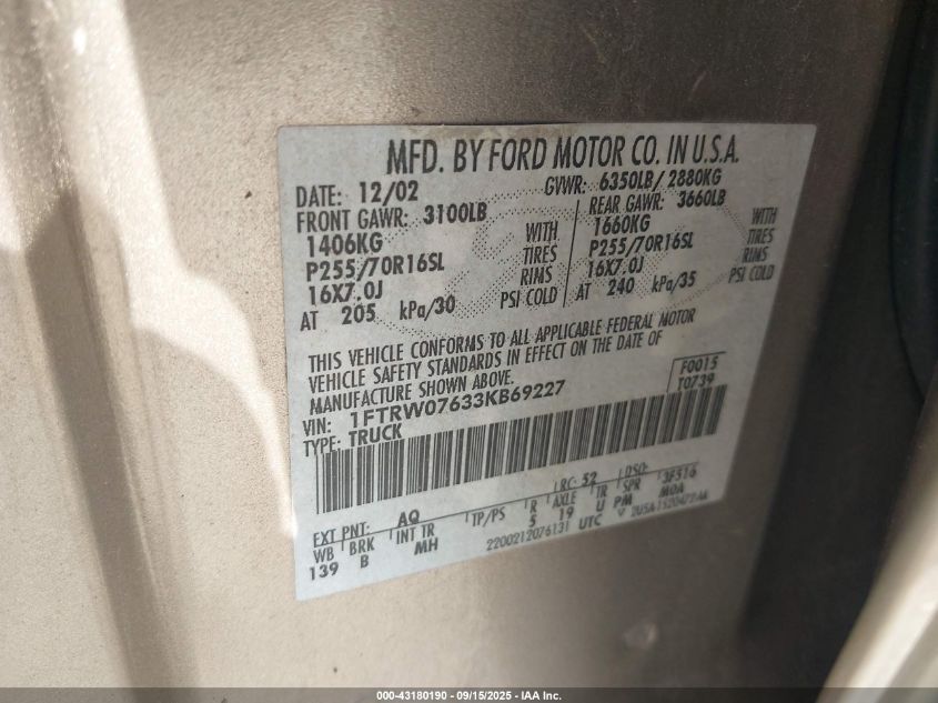 2003 Ford F-150 Lariat/Xlt VIN: 1FTRW07633KB69227 Lot: 43180190
