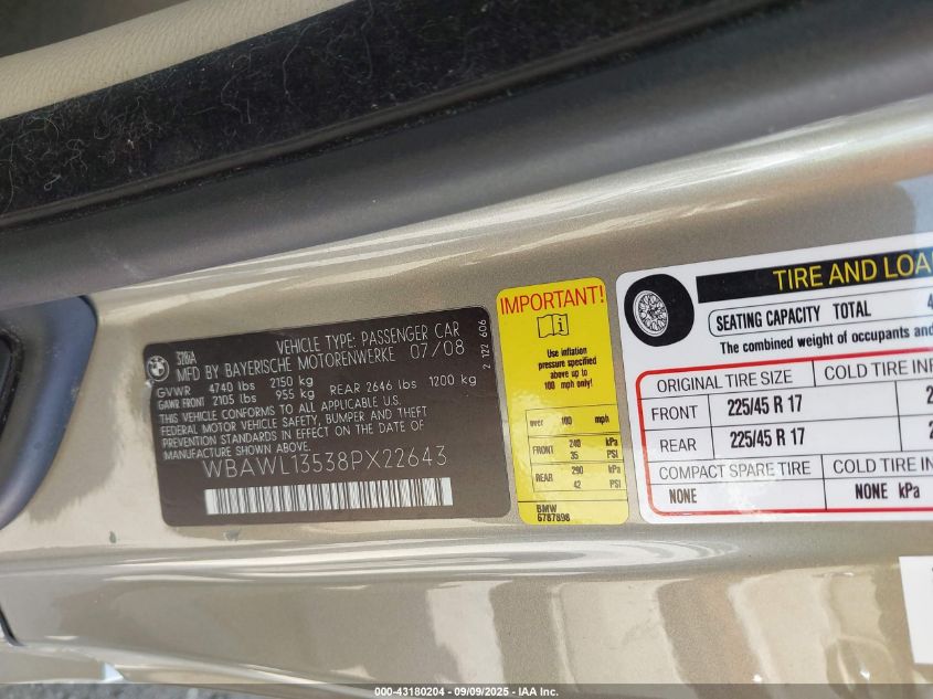 2008 BMW 328I VIN: WBAWL13538PX22643 Lot: 43180204