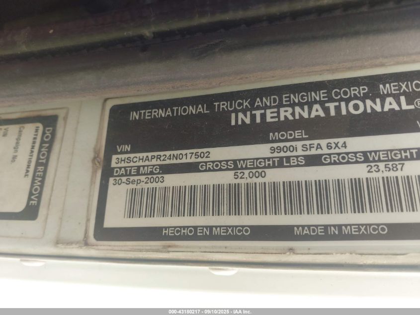 2004 International 9900 9900I VIN: 3HSCHAPR24N017502 Lot: 43180217
