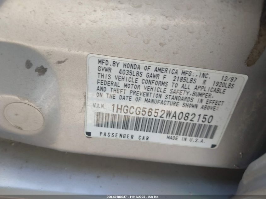 1998 Honda Accord Ex VIN: 1HGCG5652WA082150 Lot: 43180237
