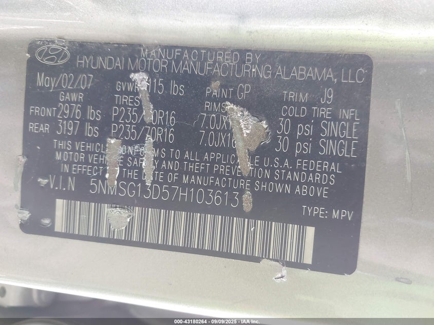 2007 Hyundai Santa Fe Gls VIN: 5NMSG13D57H103613 Lot: 43180264