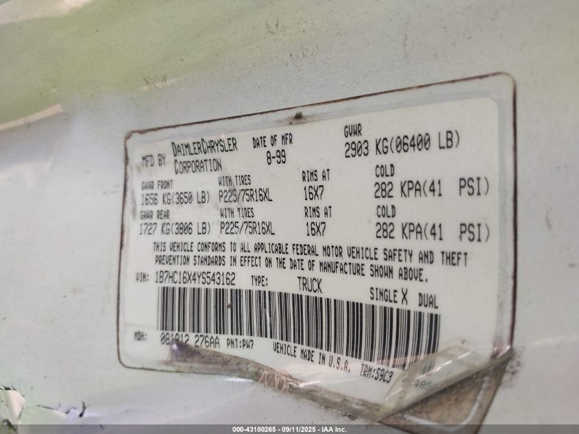 2000 Dodge Ram 1500 St/Ws VIN: 1B7HC16X4YS543162 Lot: 43180265
