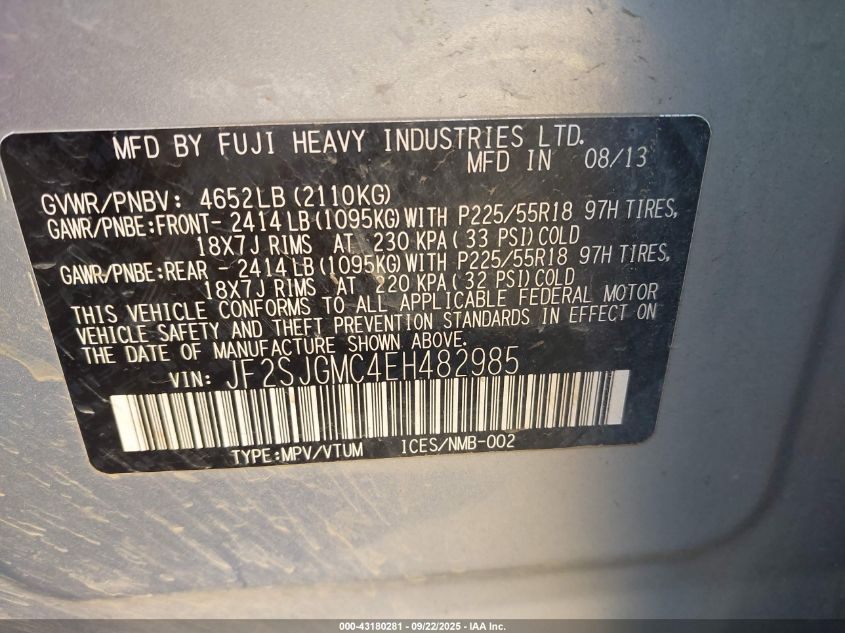 2014 Subaru Forester 2.0Xt Touring VIN: JF2SJGMC4EH482985 Lot: 43180281