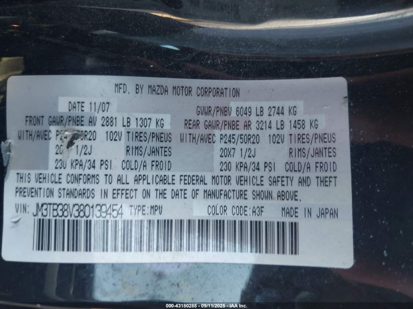 2008 Mazda Cx-9 Grand Touring VIN: JM3TB38V380139454 Lot: 43180288