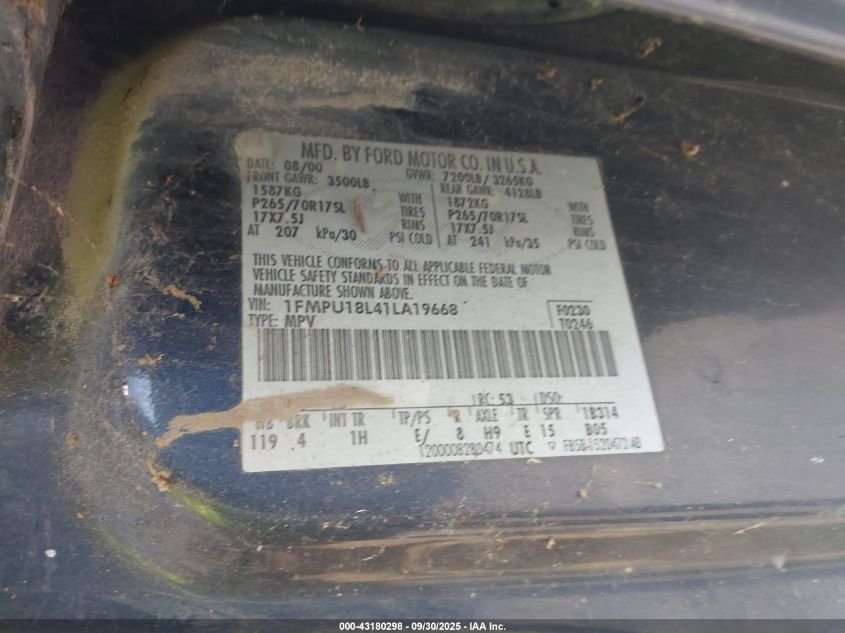 2001 Ford Expedition Eddie Bauer VIN: 1FMPU18L41LA19668 Lot: 43180298