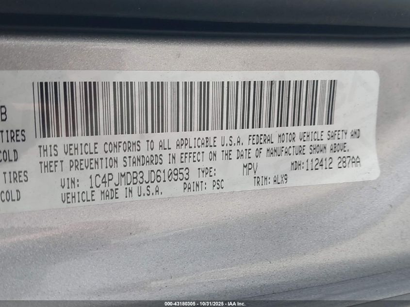 2018 Jeep Cherokee Limited 4X4 VIN: 1C4PJMDB3JD610953 Lot: 43180305