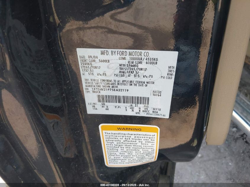 2005 Ford F-250 Lariat/Xl/Xlt VIN: 1FTSW21P75EA52119 Lot: 43180308