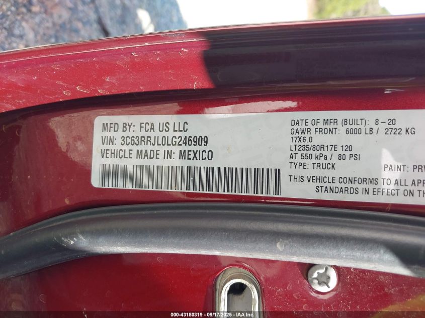 2020 Ram 3500 Laramie 4X4 8' Box VIN: 3C63RRJL0LG246909 Lot: 43180319
