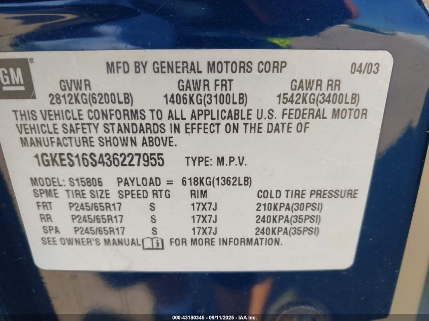 2003 GMC Envoy Xl Sle VIN: 1GKES16S436227955 Lot: 43180345