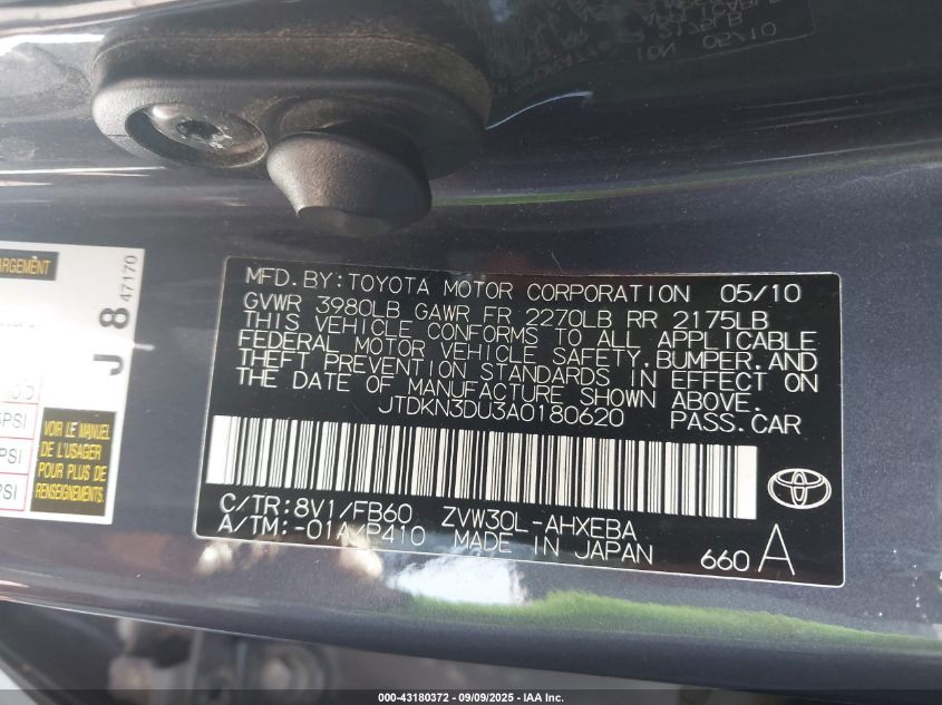 2010 Toyota Prius Ii VIN: JTDKN3DU3A0180620 Lot: 43180372