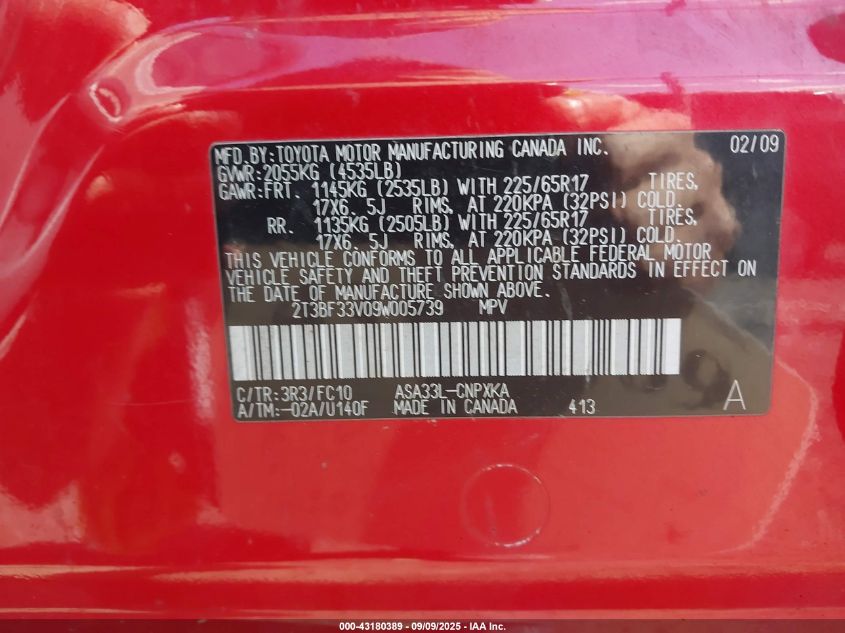 2009 Toyota Rav4 VIN: 2T3BF33V09W005739 Lot: 43180389