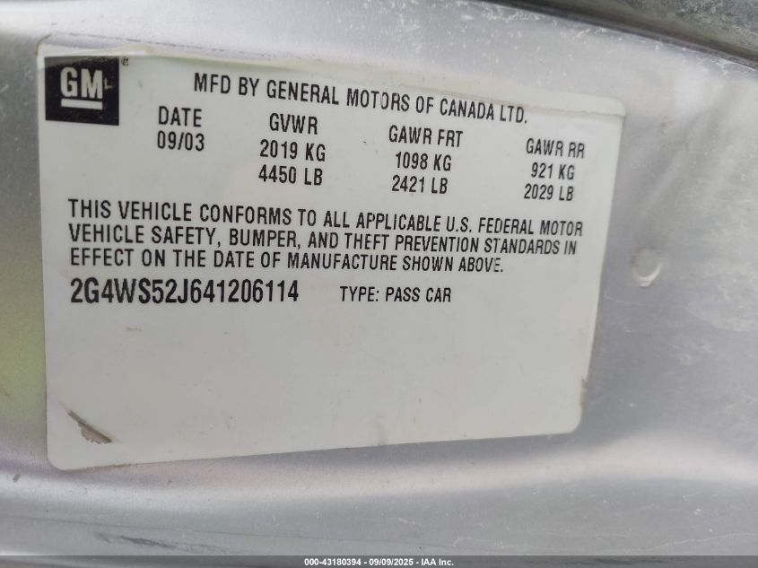 2004 Buick Century VIN: 2G4WS52J641206114 Lot: 43180394