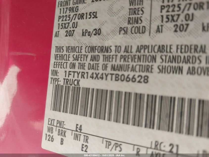 2000 Ford Ranger Xlt VIN: 1FTYR14X4YTB06628 Lot: 43180444