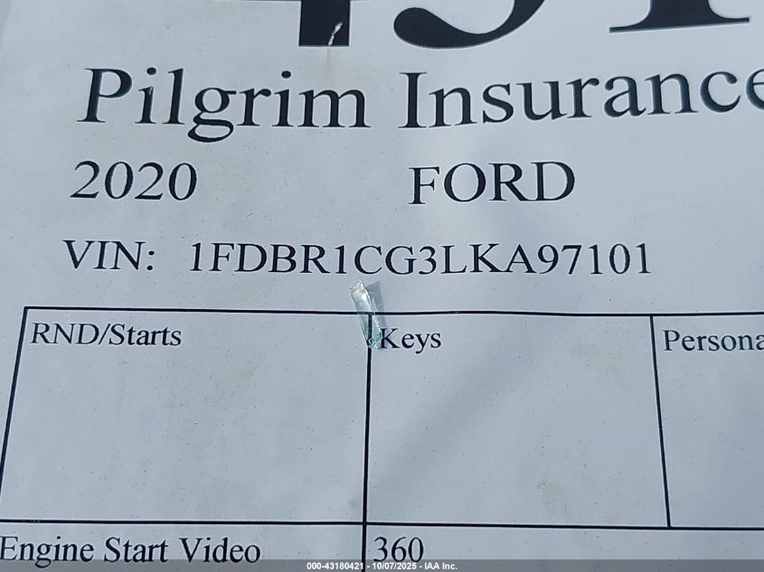 2020 Ford Transit-250 VIN: 1FDBR1CG3LKA97101 Lot: 43180421