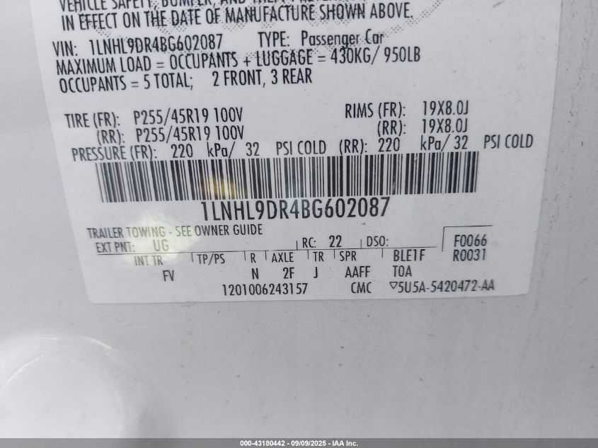 2011 Lincoln Mks VIN: 1LNHL9DR4BG602087 Lot: 43180442