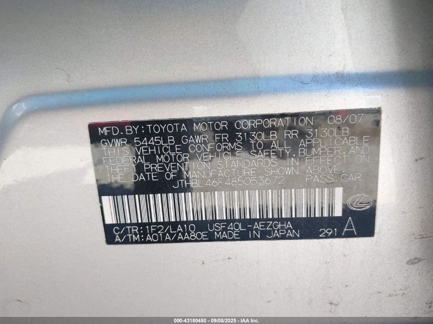 2008 Lexus Ls 460 VIN: JTHBL46F485053672 Lot: 43180450