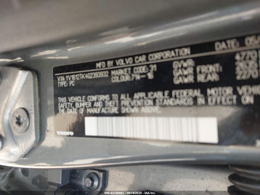 2016 Volvo S60 T5 Premier VIN: YV1612TK4G2393932 Lot: 43180461