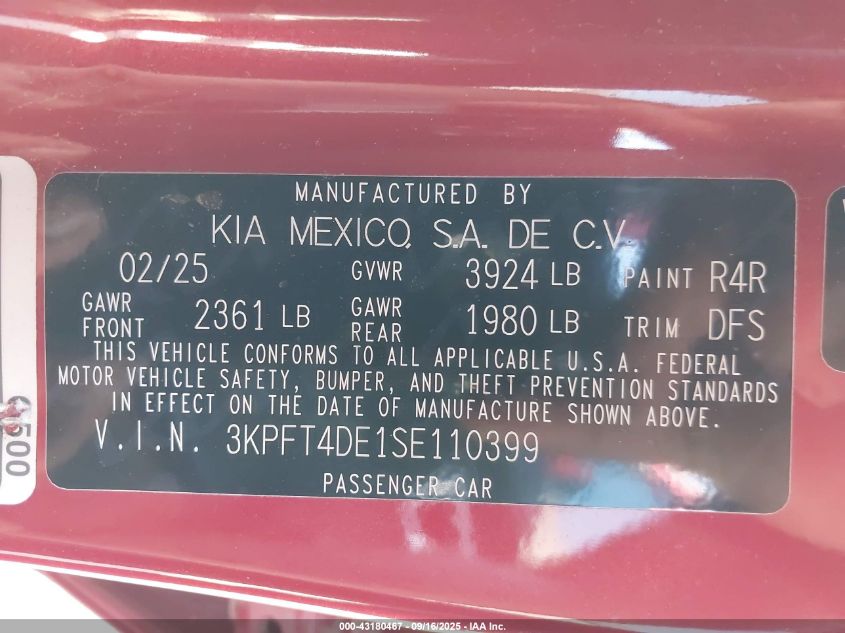 2025 Kia K4 Lxs VIN: 3KPFT4DE1SE110399 Lot: 43180467
