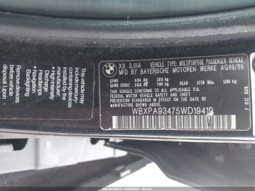 2005 BMW X3 3.0I VIN: WBXPA93475WD19419 Lot: 43180472