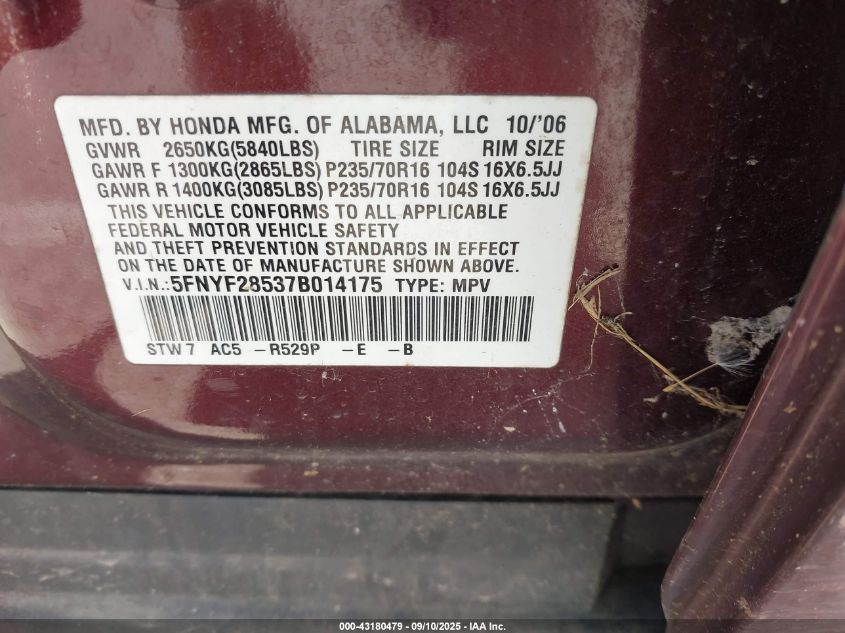 2007 Honda Pilot Ex-L VIN: 5FNYF28537B014175 Lot: 43180479