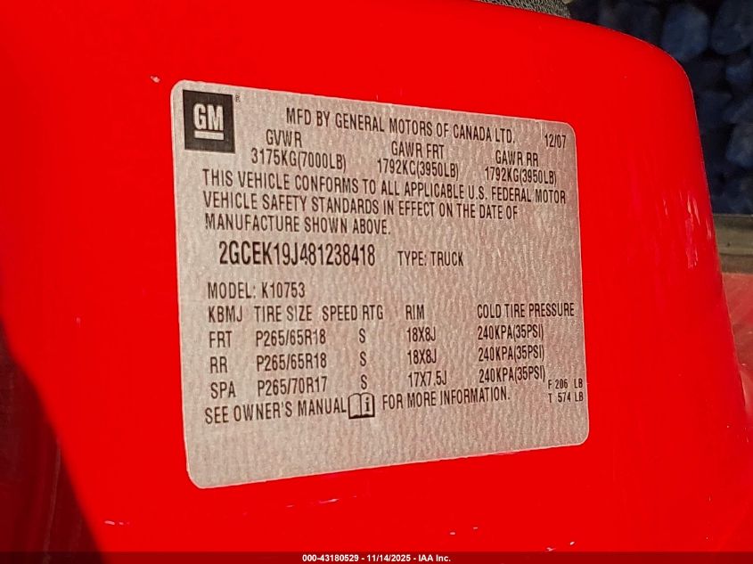 2008 Chevrolet Silverado 1500 Lt1 VIN: 2GCEK19J481238418 Lot: 43180529