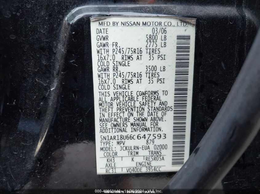 2006 Nissan Pathfinder S VIN: 5N1AR18U66C647593 Lot: 43180576