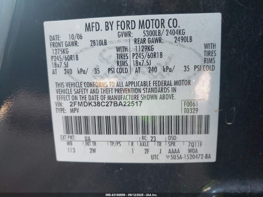 2007 Ford Edge Sel VIN: 2FMDK38C27BA22517 Lot: 43180598