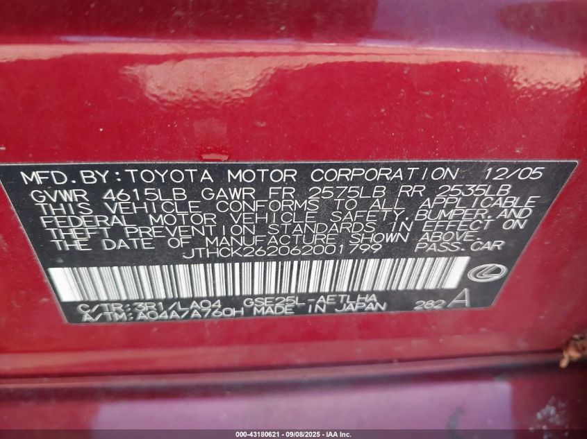 2006 Lexus Is 250 VIN: JTHCK262062001799 Lot: 43180621