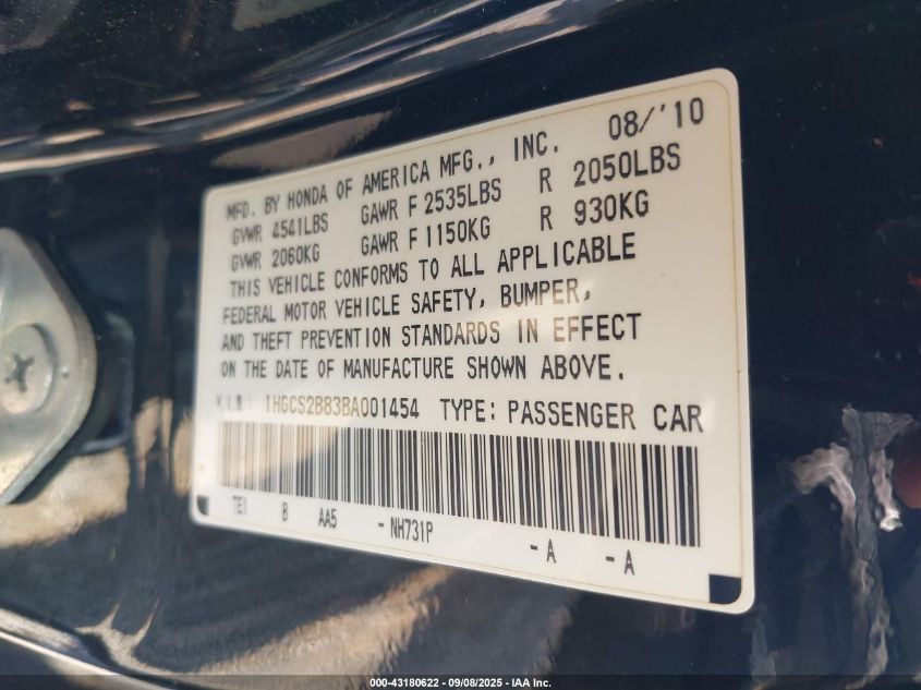 2011 Honda Accord 3.5 Ex-L VIN: 1HGCS2B83BA001454 Lot: 43180622