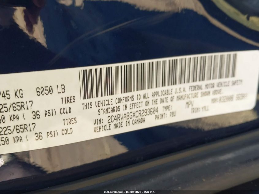 2012 Volkswagen Routan Se VIN: 2C4RVABGXCR293604 Lot: 43180638