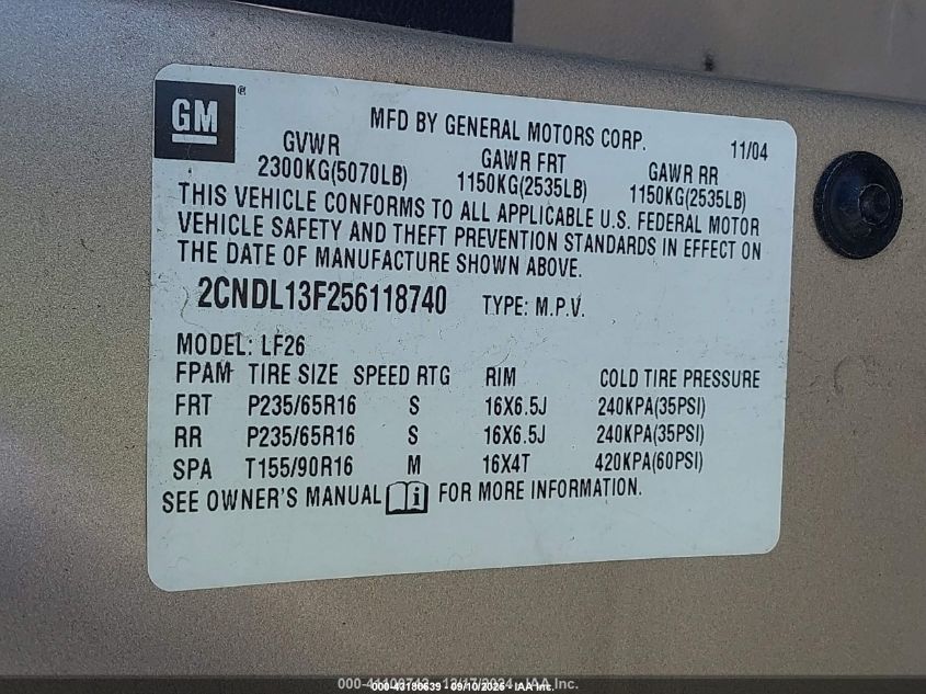 2005 Chevrolet Equinox Ls VIN: 2CNDL13F256118740 Lot: 43180639