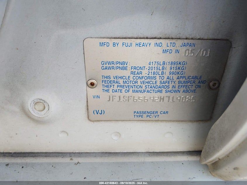 2002 Subaru Forester S VIN: JF1SF65692H719085 Lot: 43180643