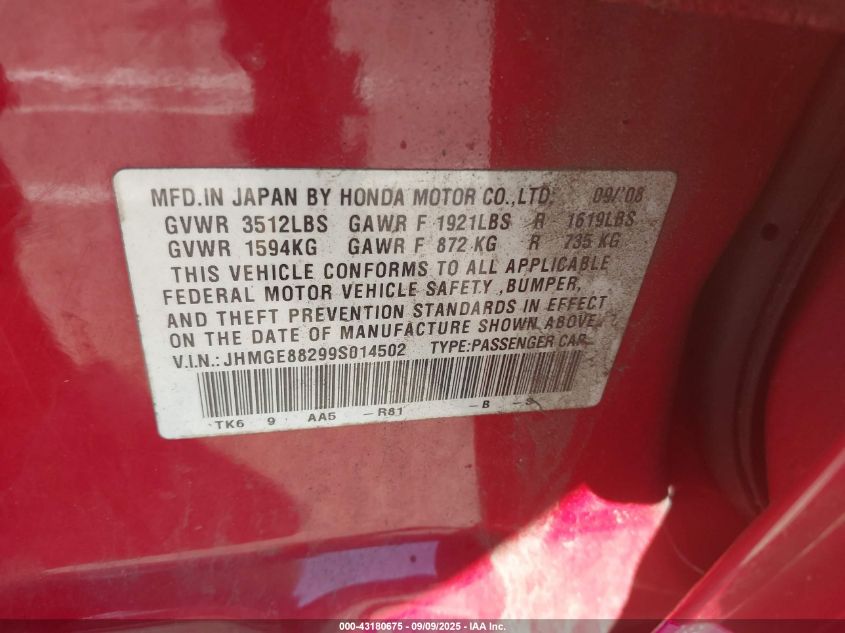 2009 Honda Fit VIN: JHMGE88299S014502 Lot: 43180675