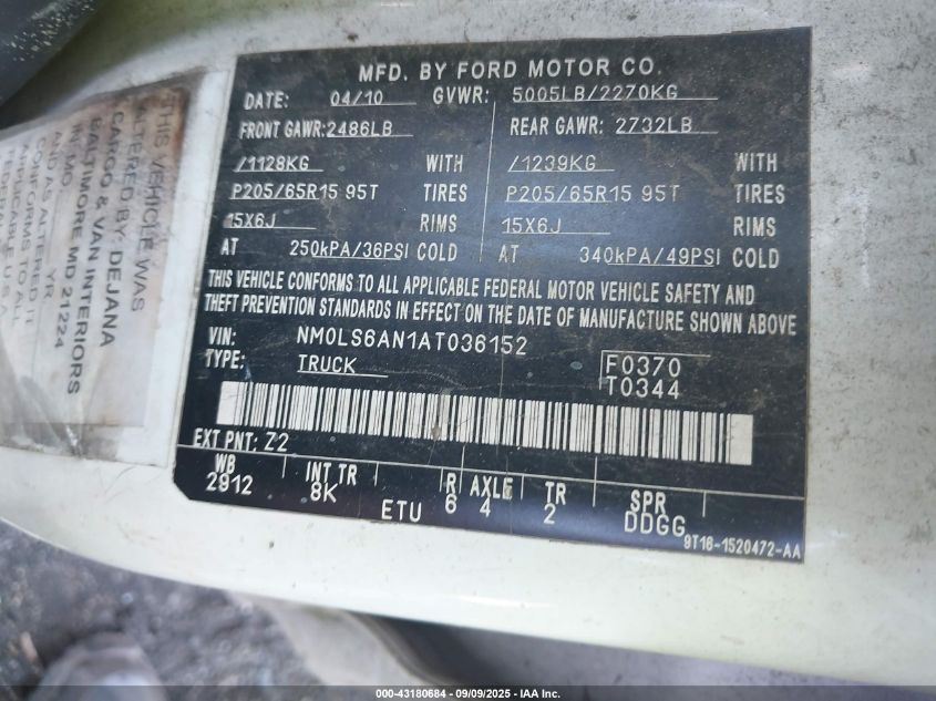 2010 Ford Transit Connect Xl VIN: NM0LS6AN1AT036152 Lot: 43180684